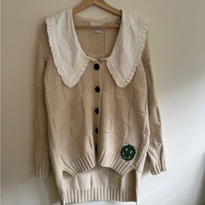 Ganni Cream Knit Cardigan with Peter Pan collar